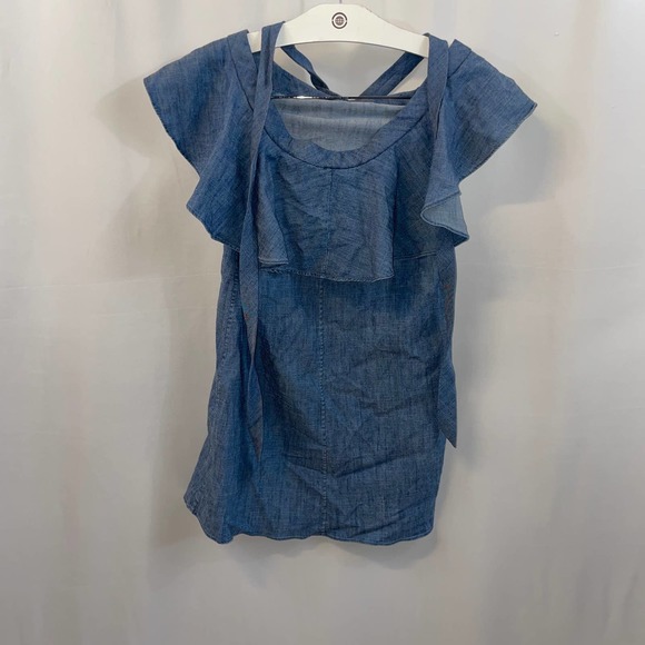Alice + Olivia Alexia Off-Shoulder Halter Tie Ruffle Top Chambray Mini Dress XS. - Picture 4 of 8